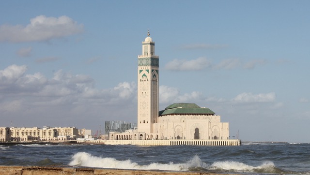 Majestic Hassan II Mosque, an architectural marvel overlooking the Atlantic Ocean in Casablanca, Morocco.
